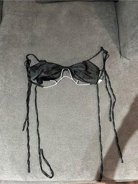 Black Satin Tie-Strap Bikini Top- SMALL